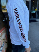 Load image into Gallery viewer, Savannah Harley-Davidson custom men's HD Bar & Shield on white long sleeve shirt