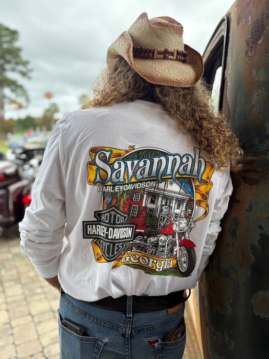 Savannah Harley Davidson- White Long Sleeve Shirt with Black Bar