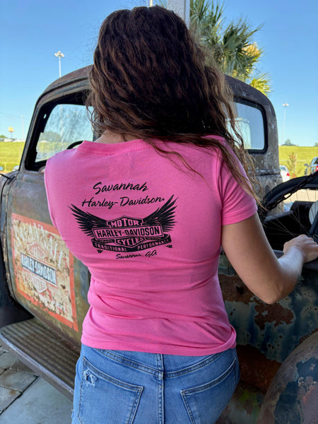 Savannah Harley-Davidson custom Women's HD Dark Trait On Pink t-shirt