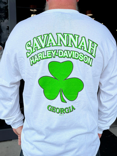 Savannah Harley Davidson Men's 3 Leaf Clover Long Sleeve in White