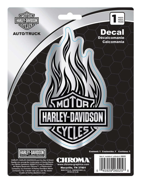 Harley-Davidson® Chrome Bar & Shield Logo Flames Decal - Silver - 4 x 6 in.