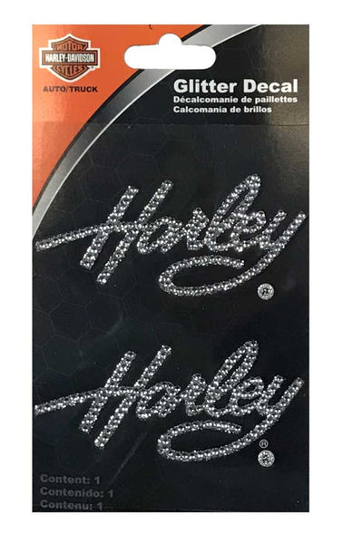 Harley-Davidson® Rhinestone Harley Script Logo Glitter Decals - Silver - 3 x 5in.