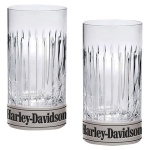 Harley-Davidson Highball Glass Set, Hand Cut Accents, Metal Base 16 oz Set of 2