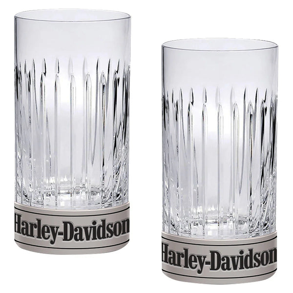 Harley-Davidson Highball Glass Set, Hand Cut Accents, Metal Base 16 oz Set of 2