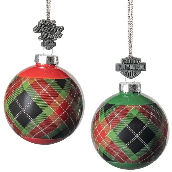 Harley-Davidson Holiday Plaid Bar & Shield Ball Christmas Tree Ornament Set of 2