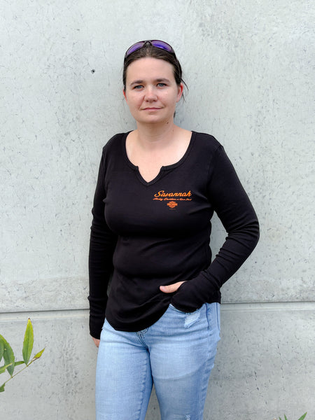 Custom Savannah Harley-Davidson on River Street Women's v-neck longsleeve shirt