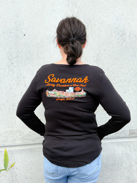 Custom Savannah Harley-Davidson on River Street Women's v-neck longsleeve shirt