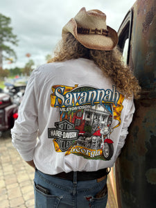 Savannah Harley Davidson- White Long Sleeve Shirt with Black Bar and Shield Outline