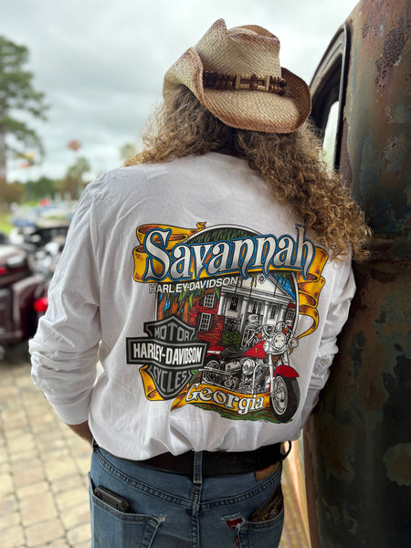 Savannah Harley Davidson- White Long Sleeve Shirt with Black Bar and Shield Outline