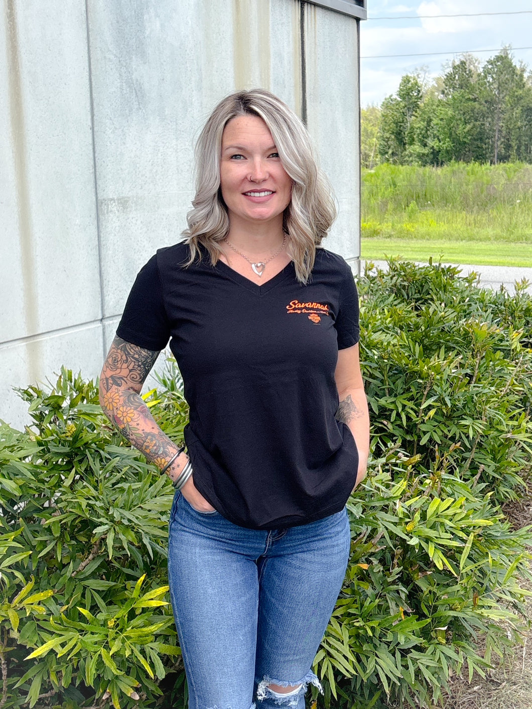 Custom Savannah Harley-Davidson on River Street Women's v-neck t-shirt