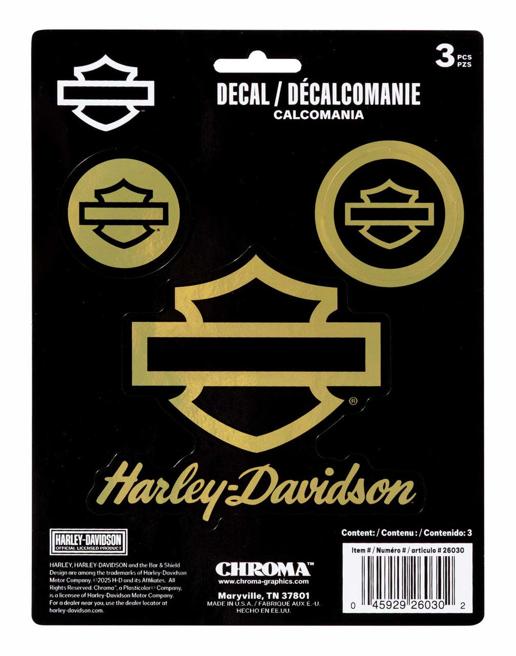 Harley-Davidson® 3-Piece Silhouette B&S Gold Chrome Vinyl Decal - 6 x 8 in.