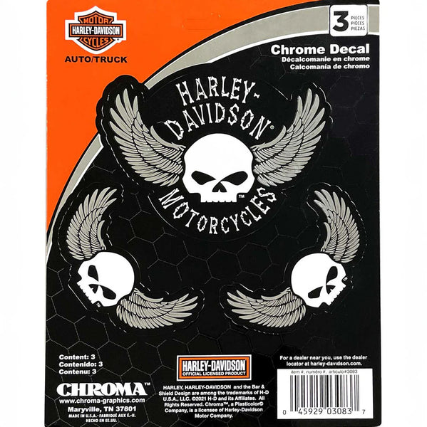 Harley-Davidson Embossed Winged Willie G. Skulls Chrome 3-Piece Decal Set