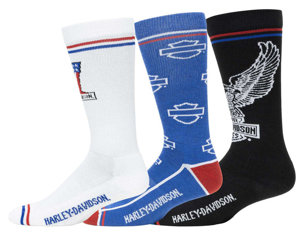 Harley-Davidson Men's 3-Pack Patriotic Logos Moisture Wicking Mid-Calf Socks