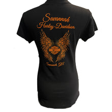 Load image into Gallery viewer, Savannah Harley Davidson Women&#39;s Glossy Wings V-Neck Short Sleeve Shirt
