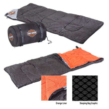 Load image into Gallery viewer, Harley-Davidson Bar &amp; Shield Custom Sleeping Bag, Black &amp; Orange
