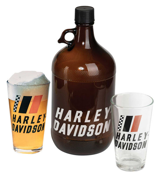 Harley-Davidson Racing Stripe Amber Glass Growler Set, Includes Two Pint Glasses