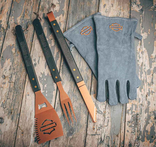 Harley-Davidson Grill Tool Set with Gloves, Stainless-Steel Barbecue 5-Piece Set