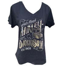 Load image into Gallery viewer, Harley-Davidson Ladies V-Neck Foil Flourish Dealer Short Sleeve Shirt
