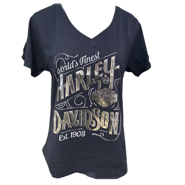 Harley-Davidson Ladies V-Neck Foil Flourish Dealer Short Sleeve Shirt